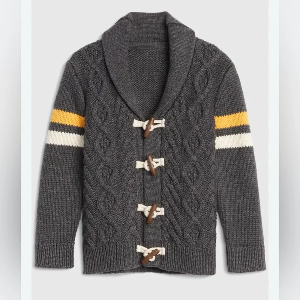 GAP Charcoal Cable-Knit Kids Toggle Cardigan with Yellow & White Stripes